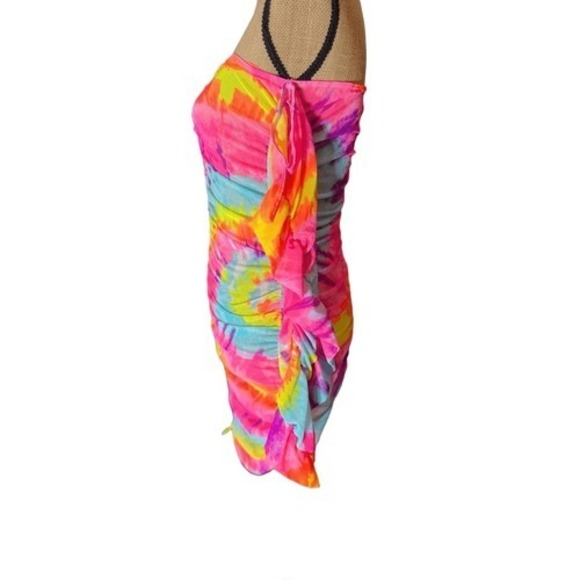 Bodycon Tie Dye Off Shoulder Mini Dress Size L Rainbow Mardi Gras - Picture 6 of 16